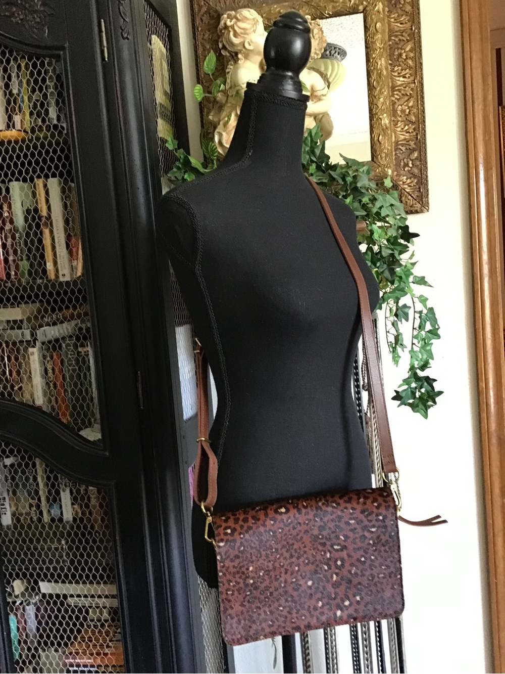 Leather Leopard Crossbody Bag - Brown